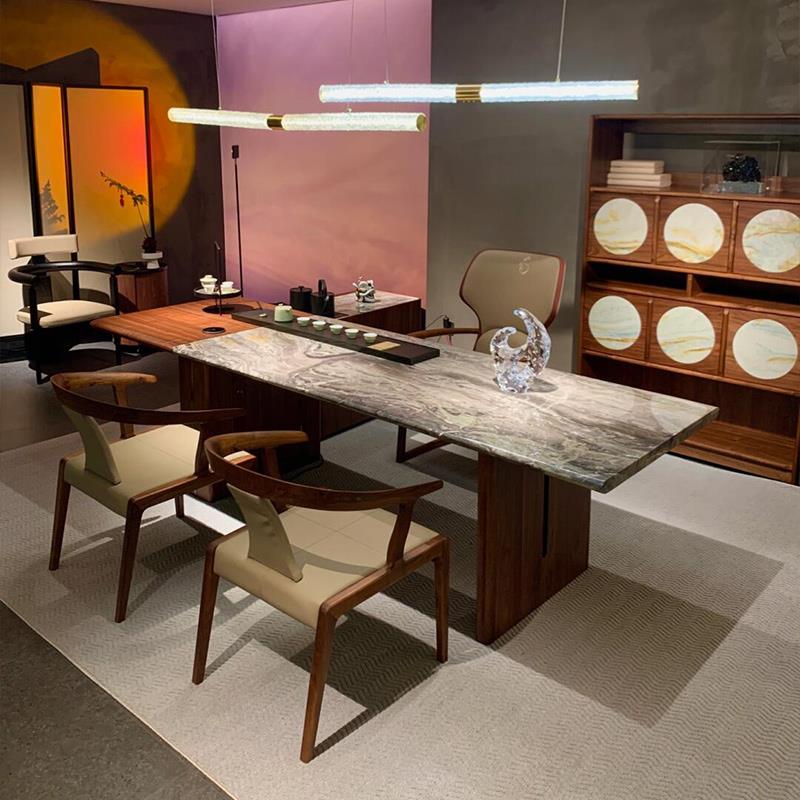 新中式奢石茶桌2025新款高端实木茶台办公室轻奢黑胡桃木泡茶桌