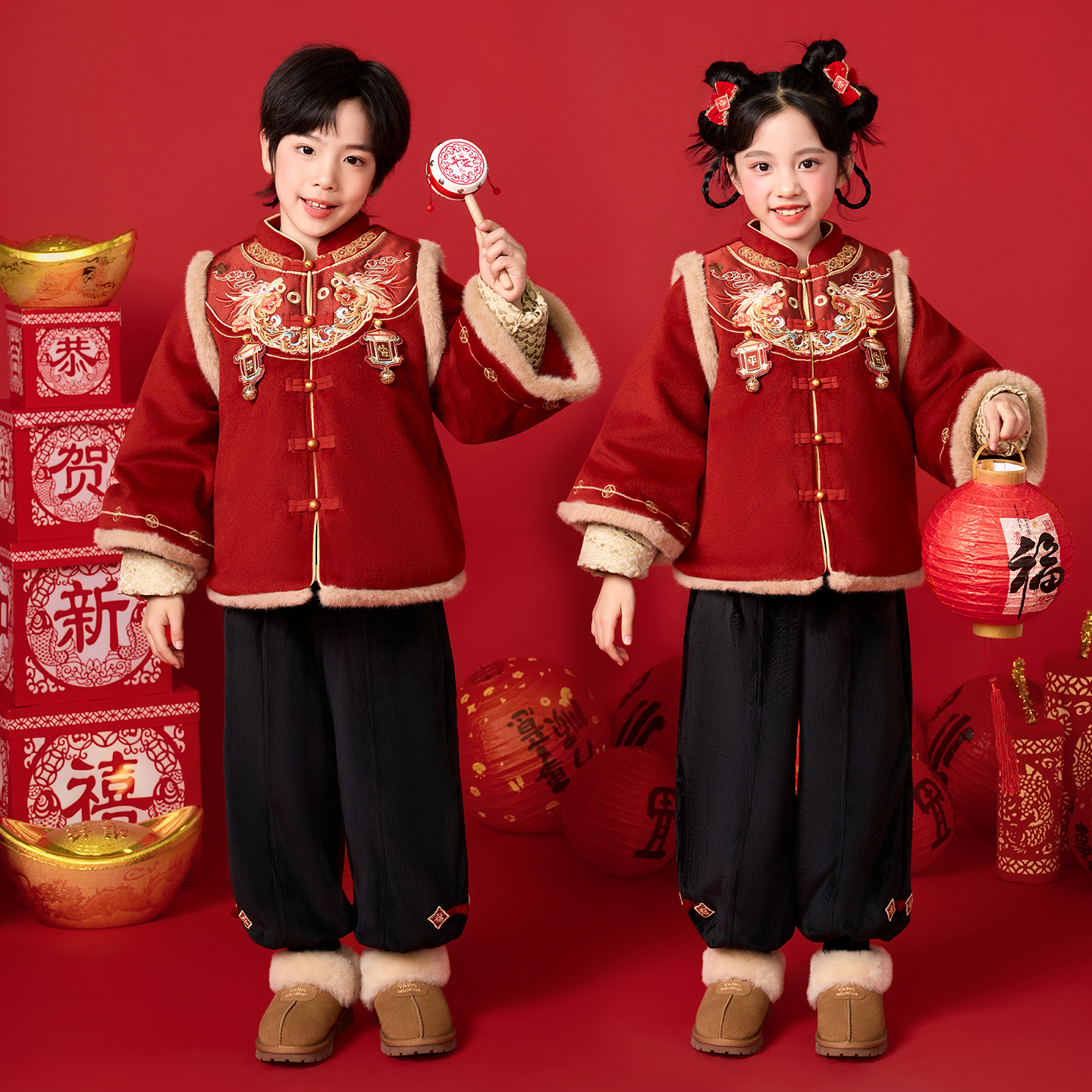 拜年服儿童冬季加厚过年新中式唐装国风男女宝宝红色喜庆周岁礼服