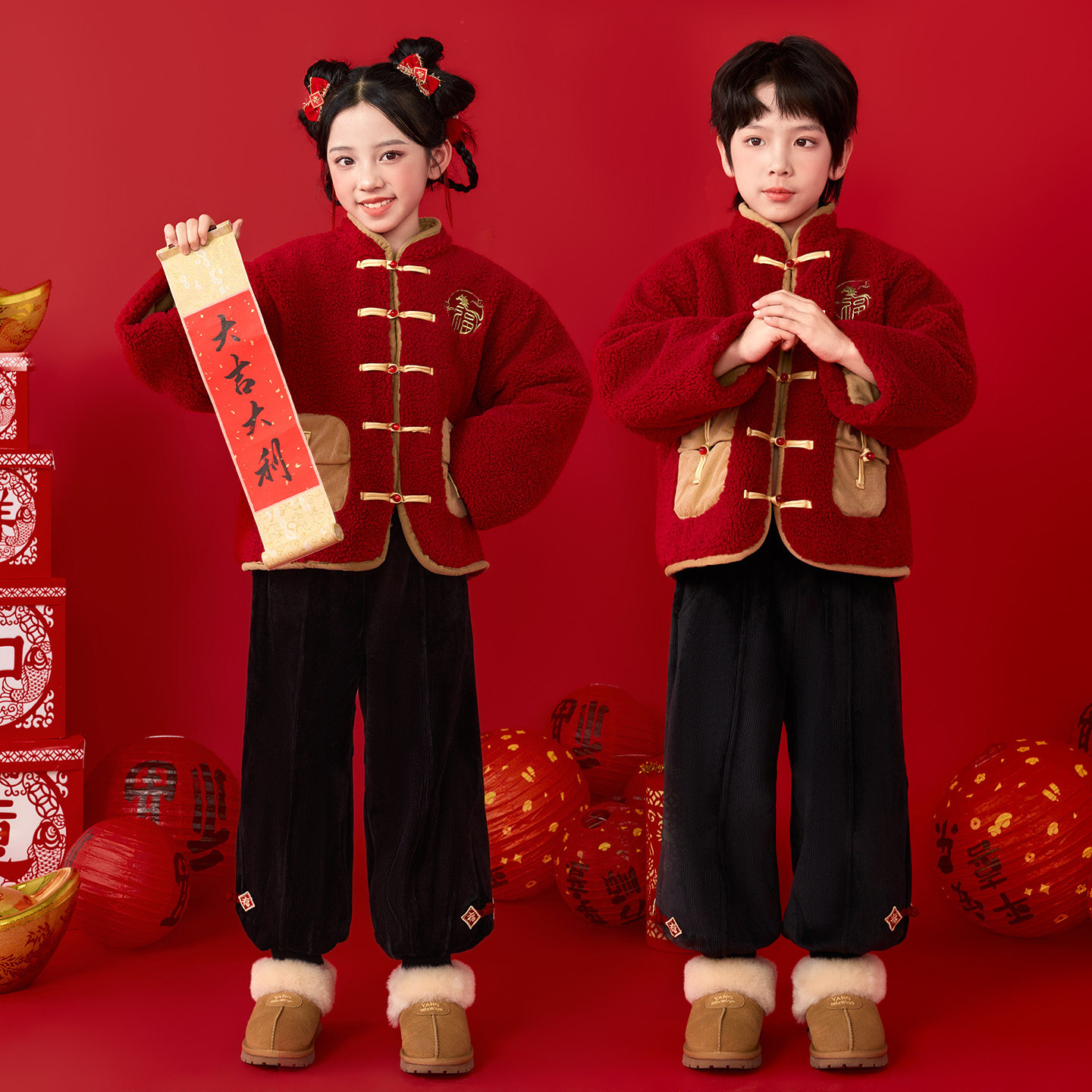 拜年服儿童冬季加厚过年新中式唐装国风男女宝宝红色喜庆周岁礼服