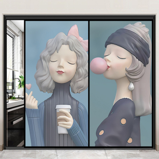 厨房玻璃贴纸透光不透明贴膜客厅防晒防窥卡通可爱静电窗户磨砂贴
