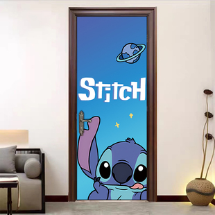 卡通史迪仔木门贴纸整张自粘旧门翻新遮丑改造壁纸防水衣柜移门贴