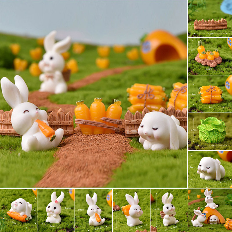 微景观小兔子摆件可爱动物模型微场景创意手工栅栏围墙白菜小萝卜