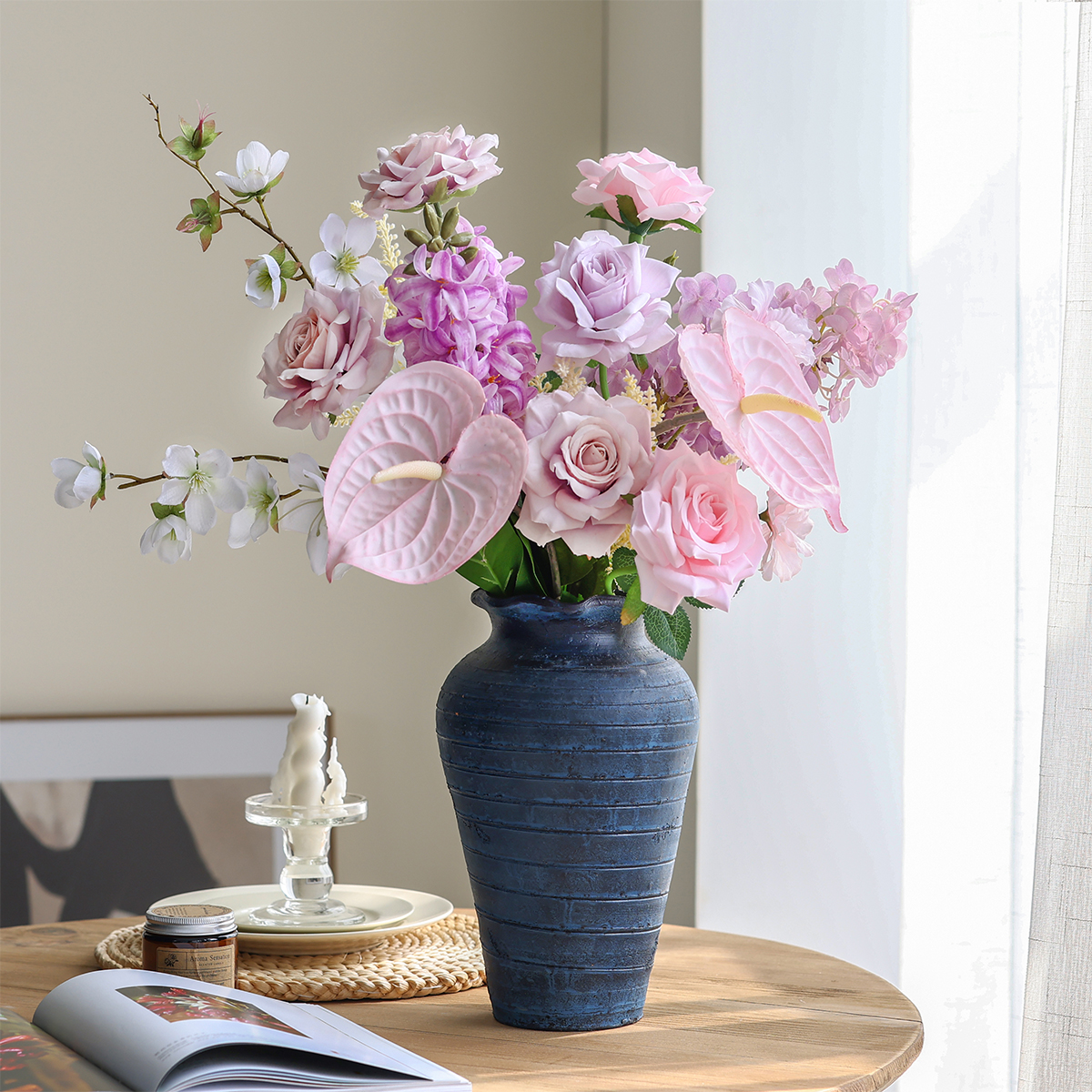 仿真花假花客厅装饰品玫瑰绢花轻奢高端花束餐桌摆设高档花艺摆件