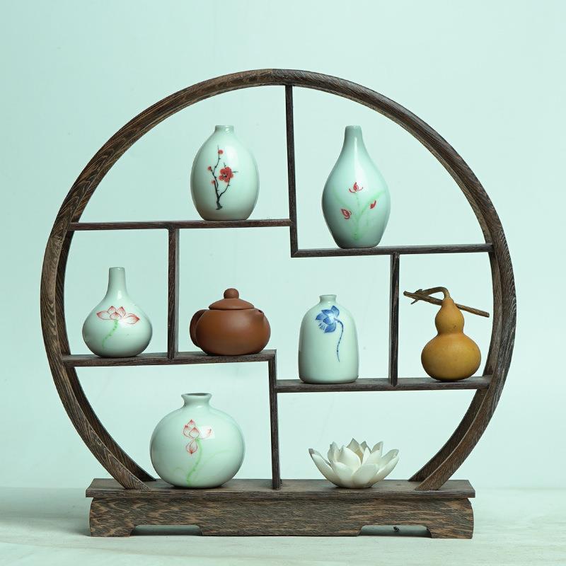 新中式茶室博古架软装饰品家居花瓶客厅展示架玄关桌子实木小摆件