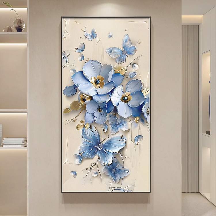简约现代入户玄关装饰画高级感走廊过道蝴蝶花卉挂画客厅壁画竖版图片