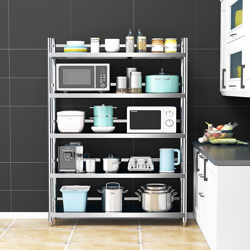 五层带围栏储物厨房304不锈钢置物架收纳微波炉落地架子多层货架