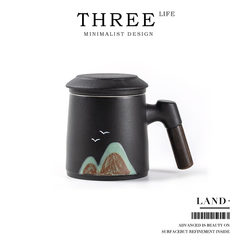 TlifeLand杯具带盖马克杯茶水分离陶瓷杯三件套礼盒装 江山
