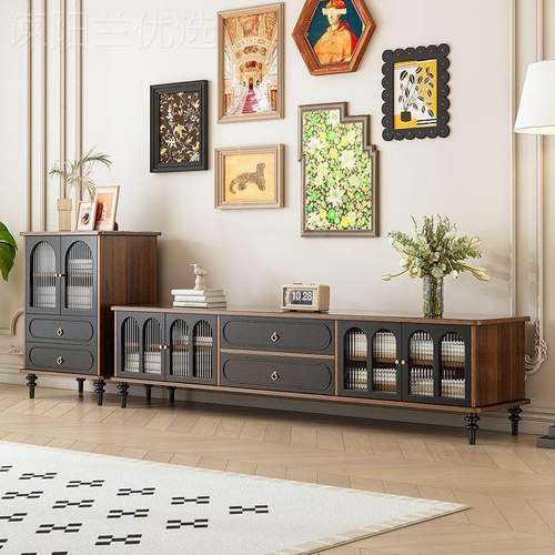 实几木电视柜茶组QUF合全实法复古客厅家木式用储物柜小户型收纳