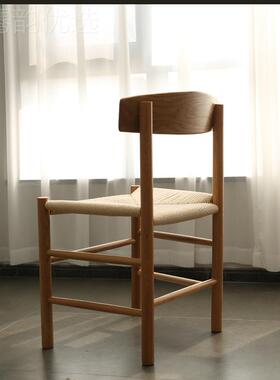 编北欧设白橡木J39复椅实木餐椅日式VUD刻绳麻绳计师藤编原木色椅