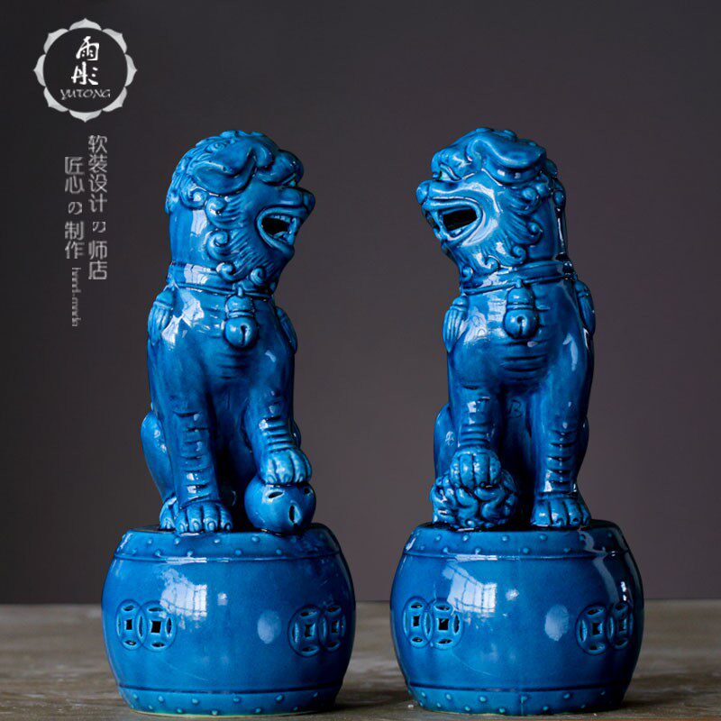 景德镇蓝色陶瓷狮狗动物摆件新中式客厅玄关工艺装饰