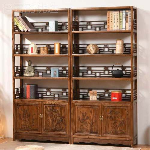 书中实木茶叶书架博古架榆木落地家居式置物仿古摆物新带抽柜KPM