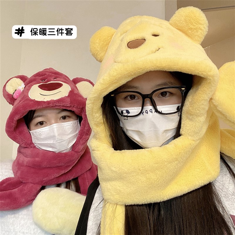 帽子女款秋冬2023新款户外保暖防风专用手套围脖一体小围巾三件套