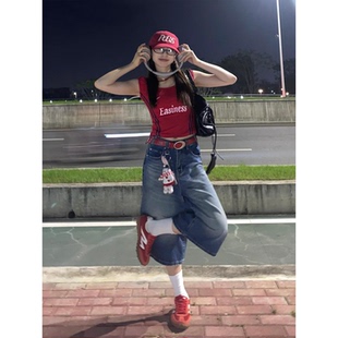 宽松显瘦垂感中裤 爆款 女2026夏季 170高个子复古蓝阔腿牛仔七分裤