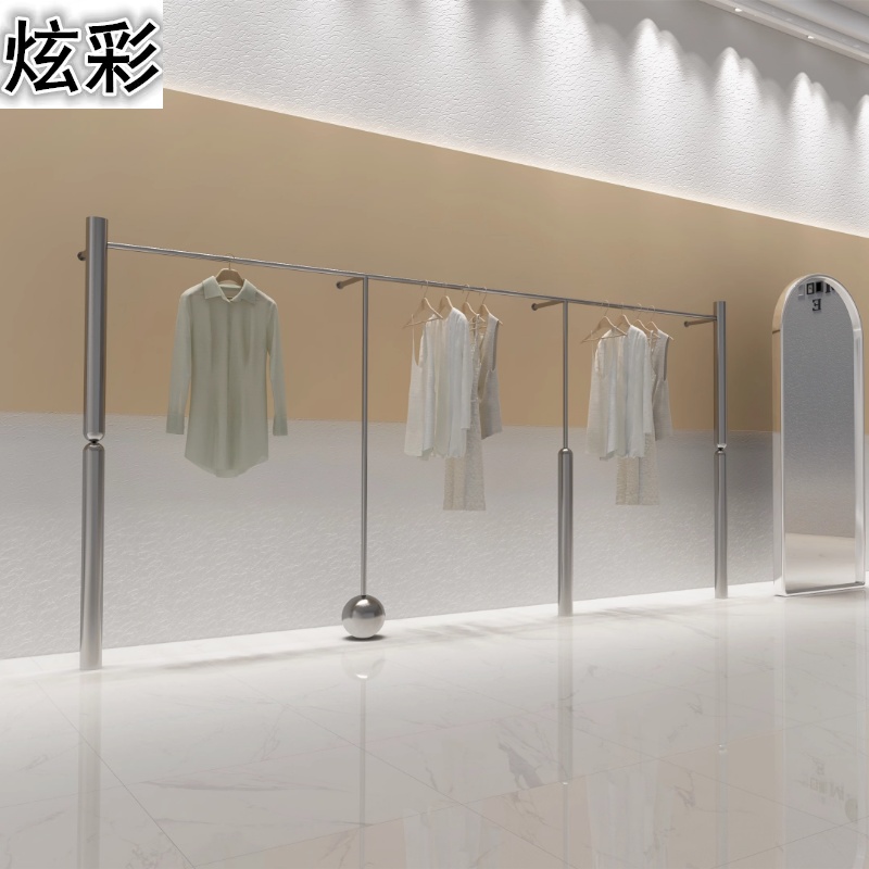 网红服装展示架加厚不锈钢拉丝8K亮面女装店货架上墙架挂衣架货架