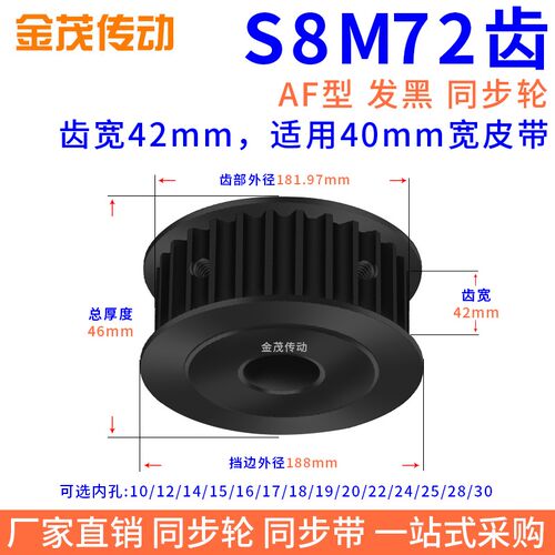 同步带轮S8M72齿钢A发黑槽宽42内孔12.7 14 15 16 17 19 28同步轮