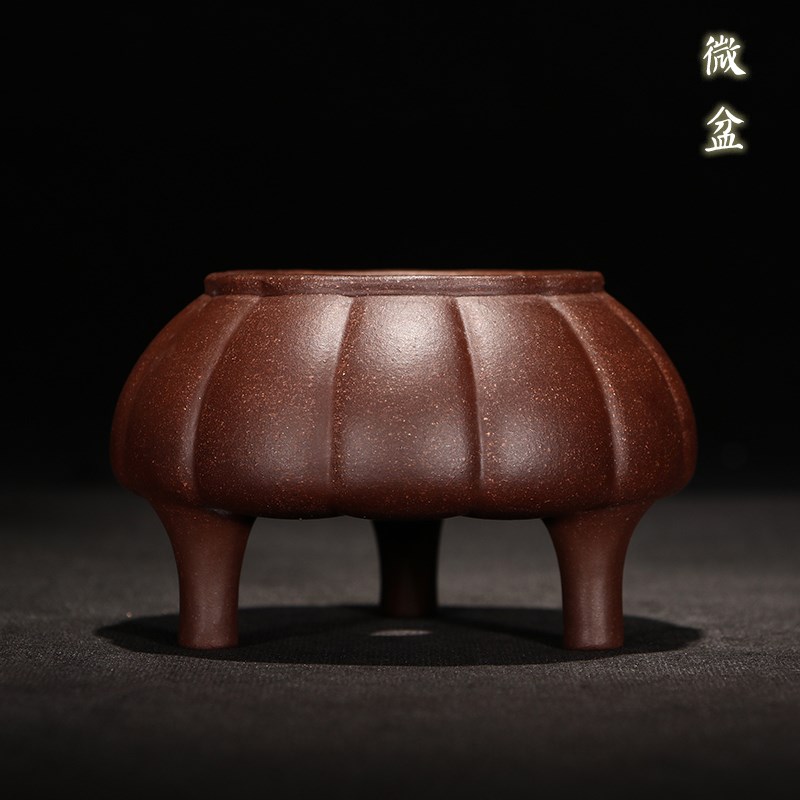 紫砂花盆桌面菖蒲多肉手工微型掌小品盆精品原矿紫砂透气圆形多瓣