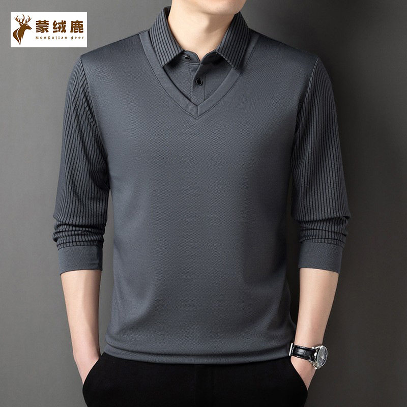 长袖POLO衫男士假两件春秋季新款菠萝格中年商务休闲潮牌爸爸上衣