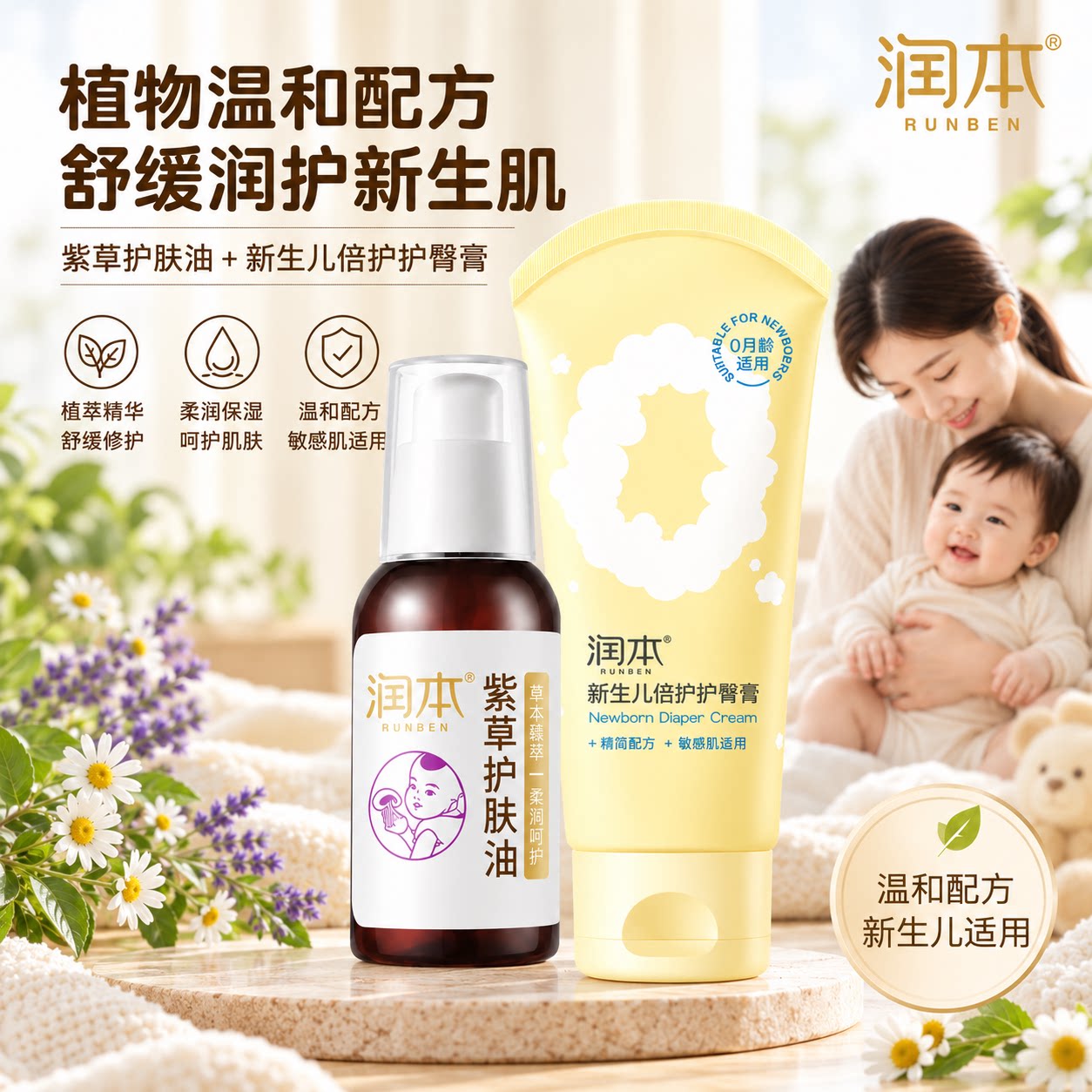 润本紫草油婴儿护臀膏红屁屁淹脖子专用新生必备舒缓护臀按摩油