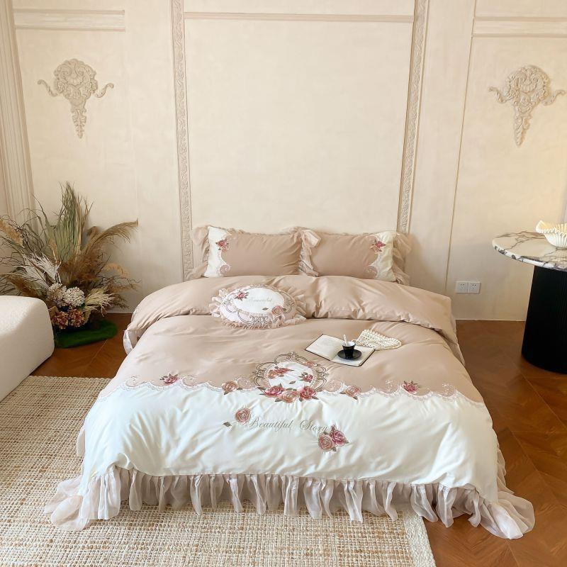法式100支澳棉复古花卉贴布绣玻璃纱花边床上用品四件套少女卧室+
