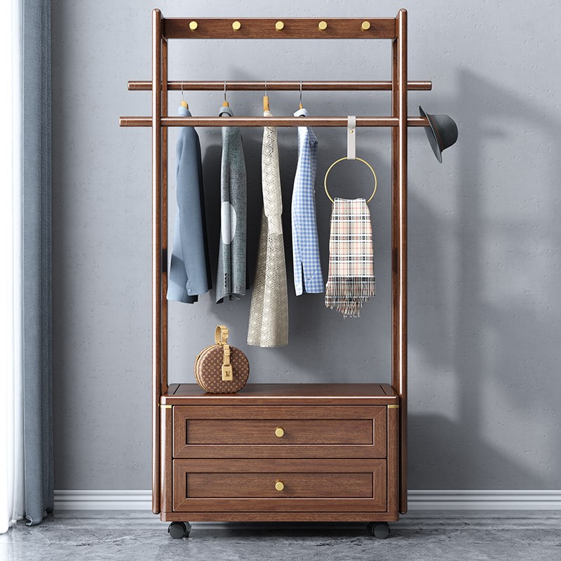 新中式实木落地衣帽架胡桃木置物挂衣架卧室可移动简约收纳柜家用