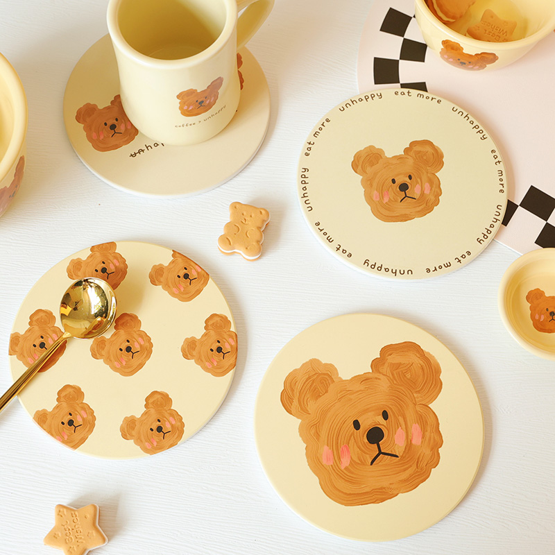 韩式卡通OME熊 INS风陶瓷杯垫耐高温餐垫隔热垫圆形小熊垫子锅垫