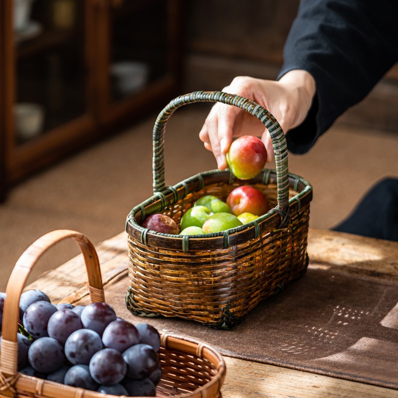 竹编篮子紫竹收纳筐手工编织古风迷你手提篮茶具收纳篮水果收纳篮