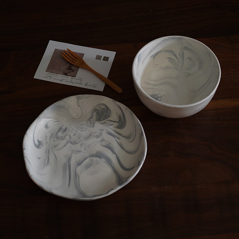 出口北欧大理石纹陶瓷8寸点心盘 餐盘6寸深碗水果碗沙拉碗面碗