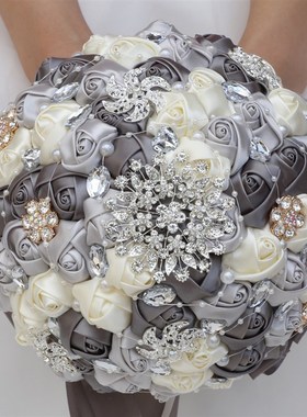 缎带新娘手捧花婚礼手捧花水钻手捧花银色灰色奶色PL001-D