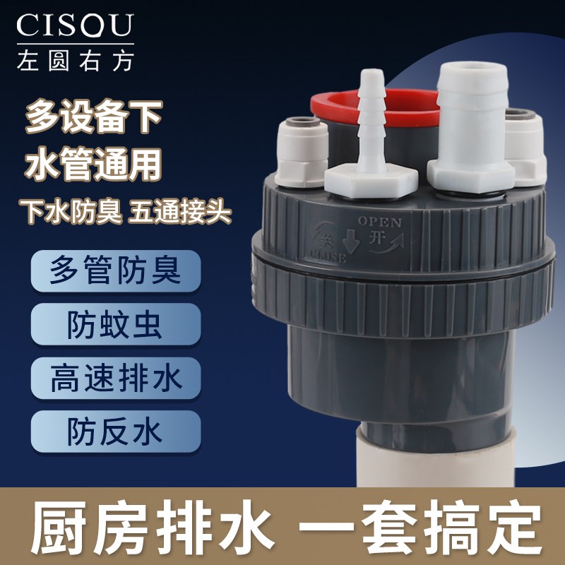 防臭下水管神器厨房洗碗机净水器排水管道多功能防返臭三头通接头
