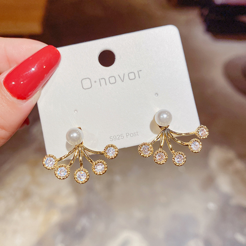 diyS925银针冬款同款弧形水钻两用珍珠气质耳环耳钉耳坠