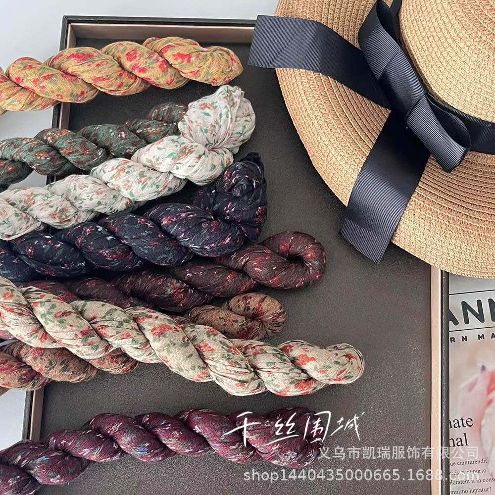 2024碎花棉麻围巾新款韩版防晒围巾褶皱薄款复古碎花印花披肩外搭