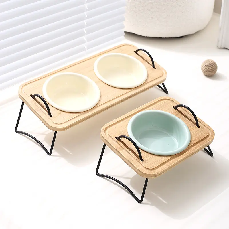 创意纯色反口碗带木板铁架陶瓷宠物碗带碗架猫咪碗狗盆防打翻水碗