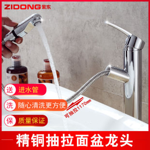 卫生间阳台全铜抽拉式洗脸盆冷热水龙头台上盆艺术盆洗手池可伸缩