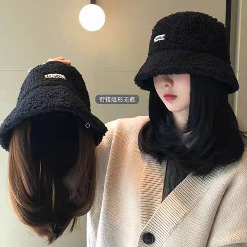 假发女短发假发帽子一体时尚秋冬渔夫帽子假发中长锁骨发仿真发丝