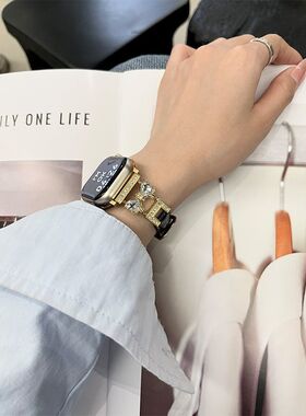 苹果S10适用iwatch789蝴蝶结表带Applewatch3456竹节纹爱心锆石SE