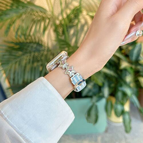 镶钻星星牛仔适用oppowatch3/X/2/3pro/4pro手表表带皮质女高级se