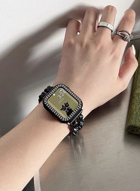 苹果ApplewatchS11表带小香风女ins金属加皮质链条iwatch1098se代