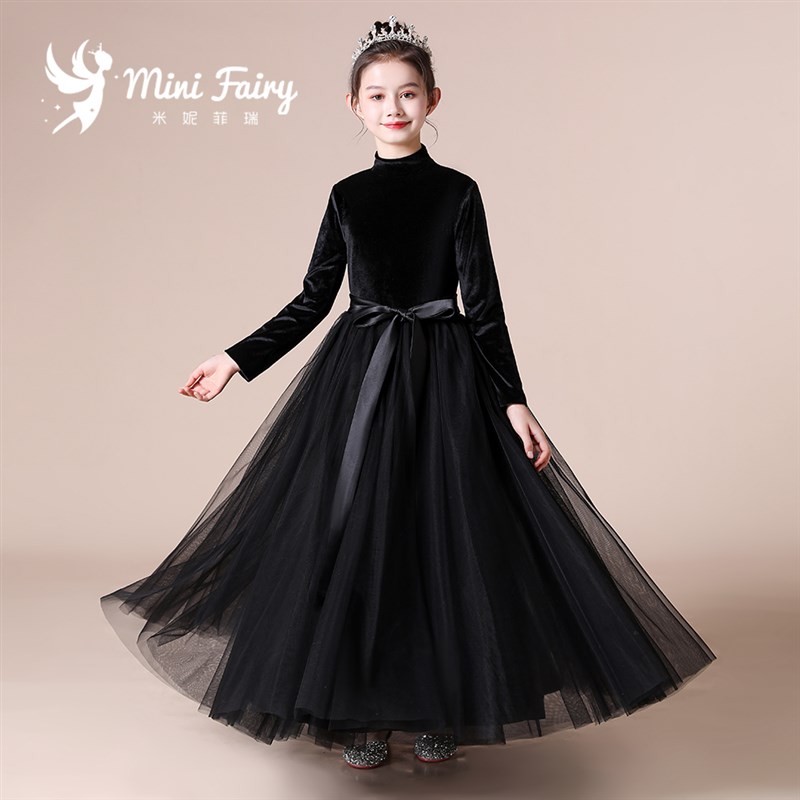 女童黑色秋冬丝绒耶诞晚礼服元旦乐团比赛演出服洋派钢琴演奏礼服