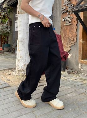 QUALCOMM高街美式垂感cleanfit黑色宽松直筒牛仔裤显瘦vibe裤子潮