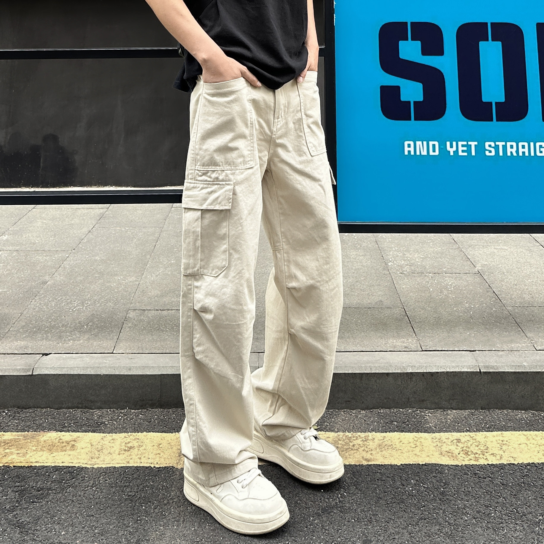 夏季米白色百搭大口袋工装裤