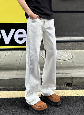 QUALCOMM美式潮流白色微喇牛仔裤男秋冬显瘦百搭cleanfit直筒长裤