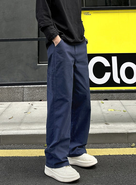 QUALCOMM美式水洗做旧宝蓝色工装裤男冬款cleanfit宽松复古休闲裤