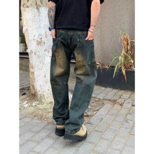 QUALCOMM美式泥染牛仔裤男春季潮牌vibe设计感做旧直筒宽松弯刀裤
