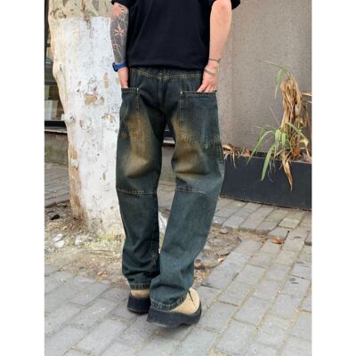 做旧泥黄蓝弯刀牛仔男裤