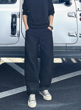 QUALCOMM秋冬新款高街百搭黑色休闲长裤男潮牌褶皱设计阔腿弯刀裤