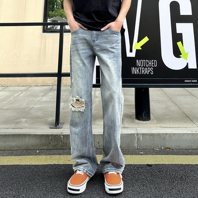 美式猫须破洞牛仔裤男春季
