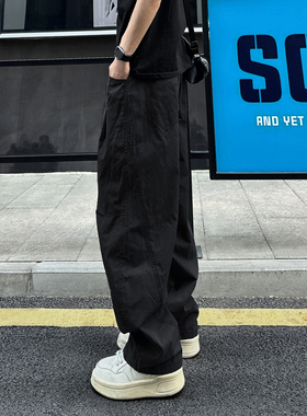 QUALCOMM黑色拼接褶皱伞兵裤男秋冬季美式复古宽松直筒阔腿休闲裤