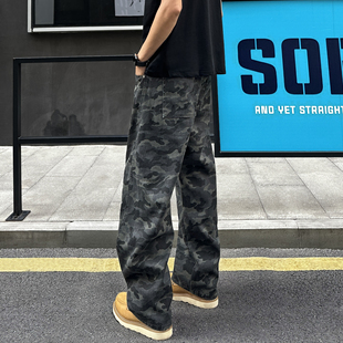 QUALCOMM秋冬新款美式潮流迷彩弯刀牛仔裤男女同款复古宽松直筒裤