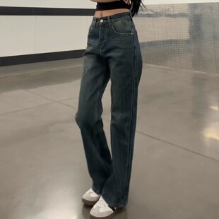 QUALCOMM美式猫须做旧复古蓝加绒牛仔裤男女款秋冬百搭显瘦微喇裤