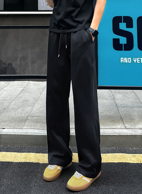 QUALCOMM美式斜切微喇休闲裤男2025秋季黑色显瘦直筒运动长裤卫裤